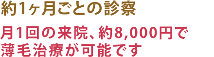 月1回の来院、約8,000円で薄毛治療が可能です